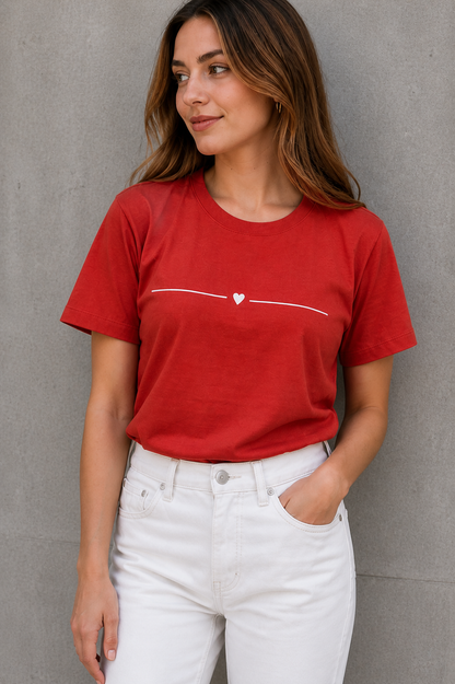 Pd Clori Minimal Heart Line Red Cotton T-Shirt for Women