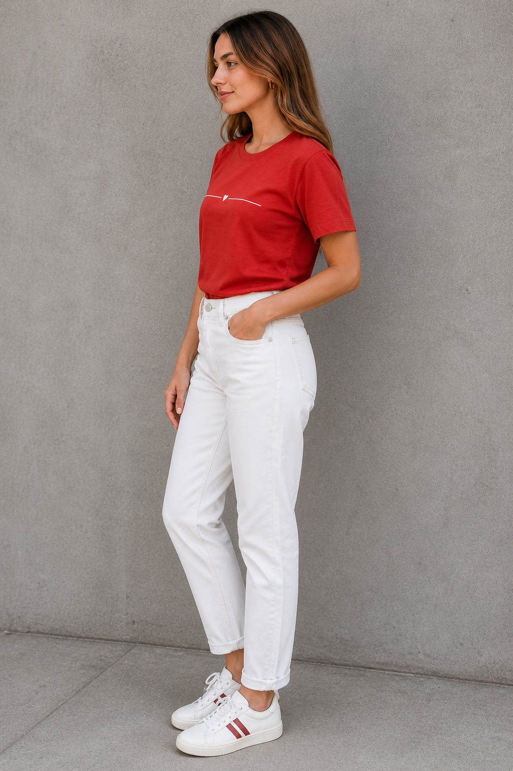 Pd Clori Minimal Heart Line Red Cotton T-Shirt for Women