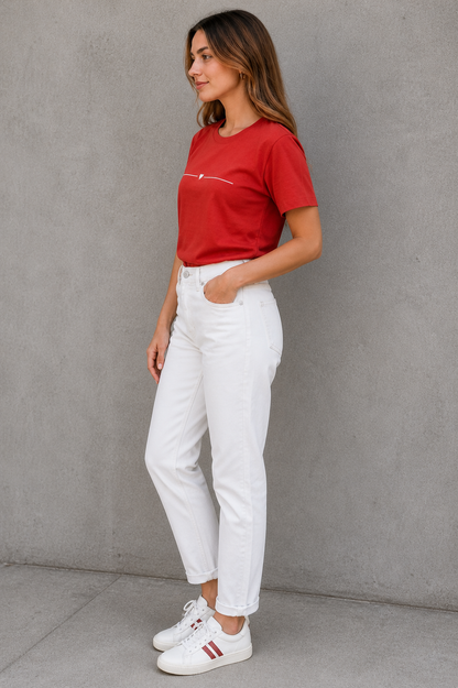 Pd Clori Minimal Heart Line Red Cotton T-Shirt for Women