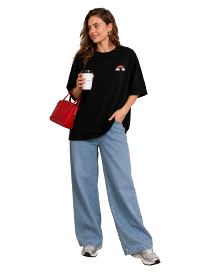 Black Oversized Rainbow Graphic T-Shirt for Women | Minimal Aesthetic Casual Tee by Pd Clori