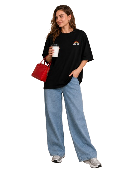 Black Oversized Rainbow Graphic T-Shirt for Women | Minimal Aesthetic Casual Tee by Pd Clori