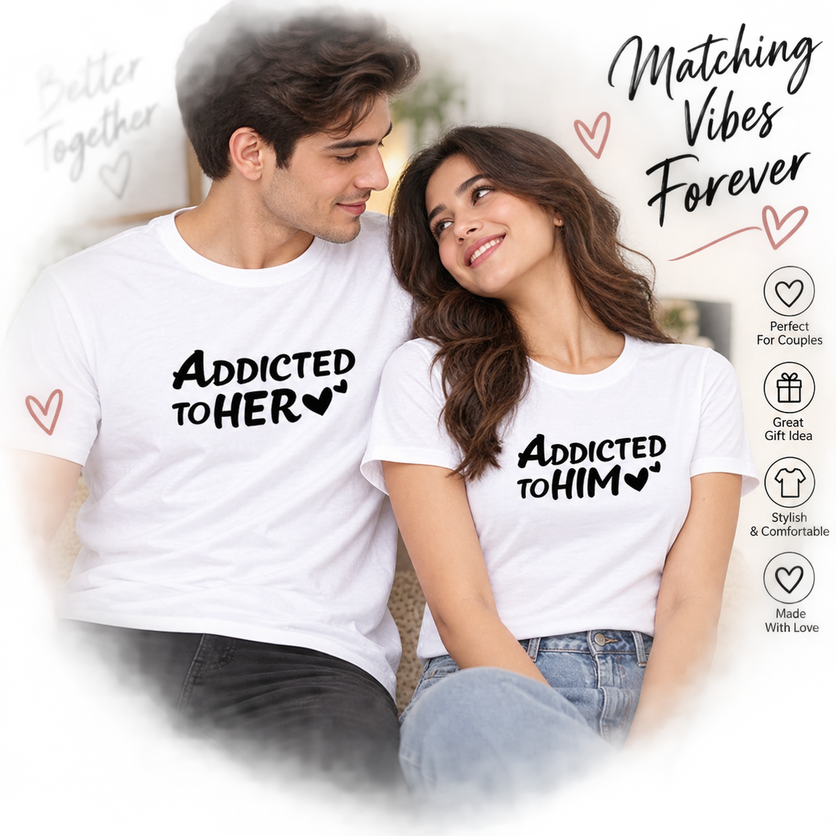 Addicted to Her, Addicted to Him – Matching Couple T-Shirts