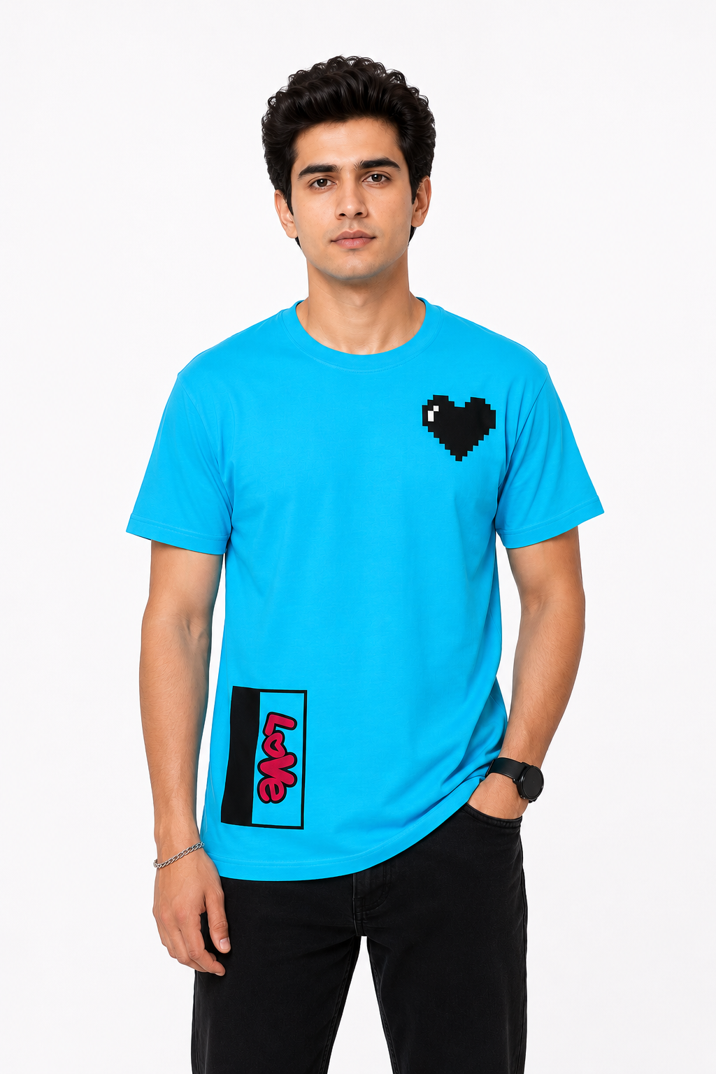 Men’s Blue Heart Printed T-Shirt – Regular Fit Casual Cotton Tee