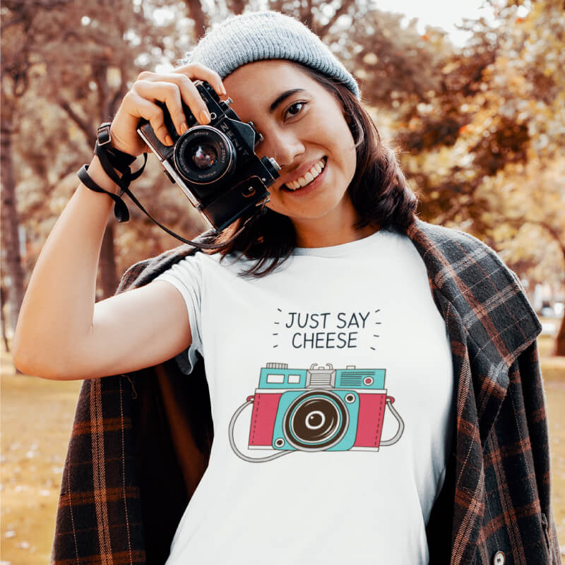 Just Say Cheese – Cute Camera Graphic T-Shirt for Women