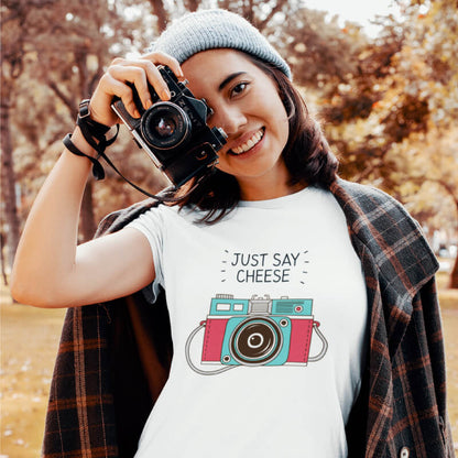 Just Say Cheese – Cute Camera Graphic T-Shirt for Women