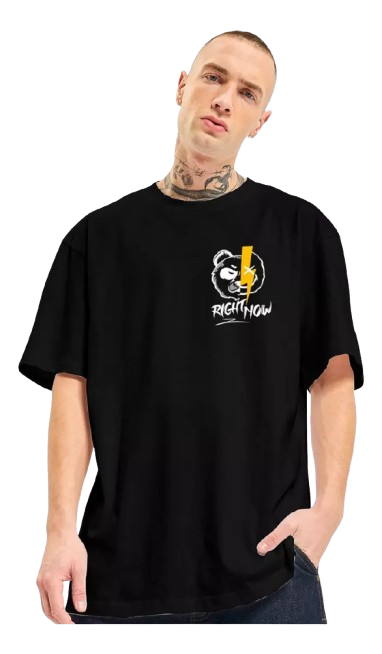 Men’s Black Oversized Graphic Tee – “RIGHT NOW” Panda Bolt Print