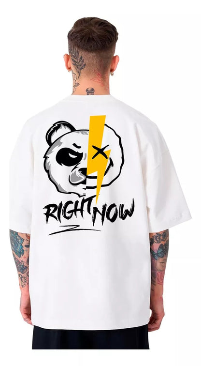 Men’s Black Oversized Graphic Tee – “RIGHT NOW” Panda Bolt Print