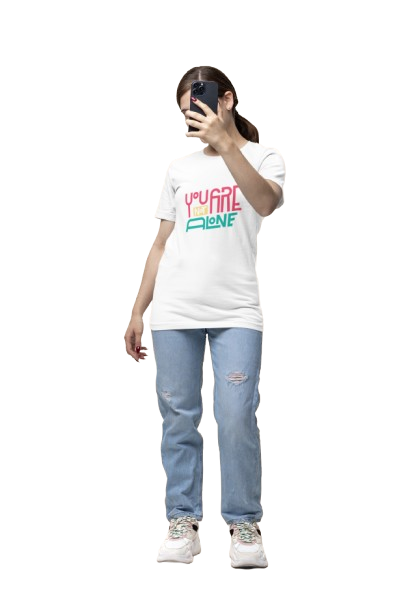 Women’s White Graphic Tee – “You Are Not Alone” Motivational Print