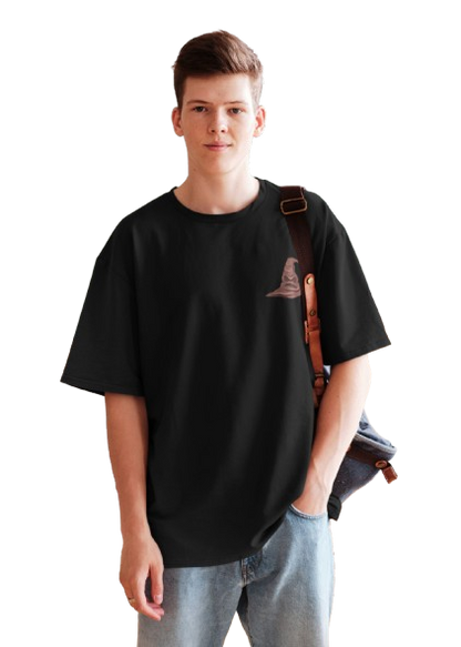 Men’s Oversized Black T-Shirt with Wizard Hat Chest Print