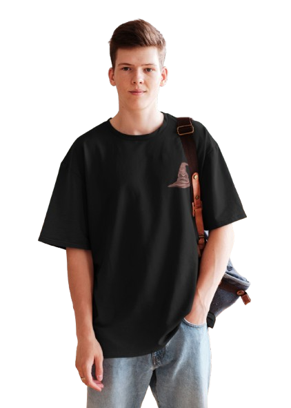 Men’s Oversized Black T-Shirt with Wizard Hat Chest Print