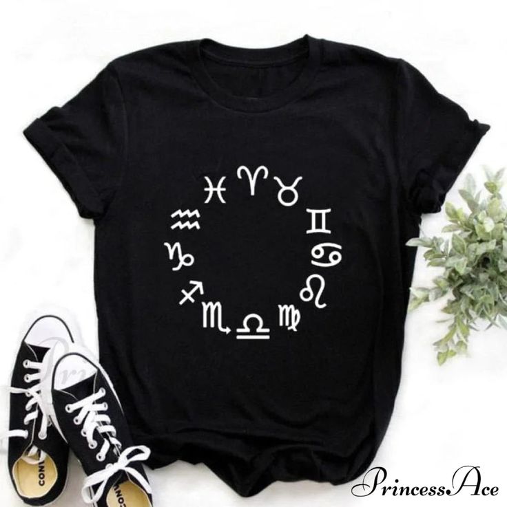 Black Zodiac Sign Printed T-Shirt for Women | Aesthetic Astrology Graphic Tee by Pd Clori