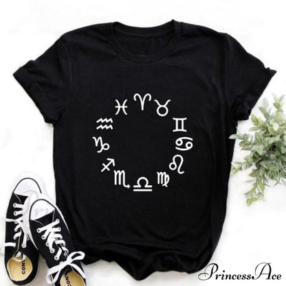 Black Zodiac Sign Printed T-Shirt for Women | Aesthetic Astrology Graphic Tee by Pd Clori
