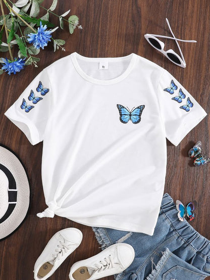 Blue Butterfly Printed White T-Shirt for Women | Soft Casual Tee by Pd Clori