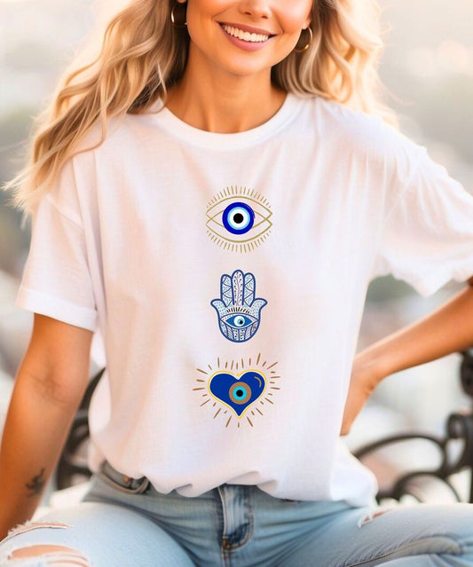 Pd Clori Evil Eye Protection T-Shirt | Minimal Spiritual Graphic Tee for Women | White Cotton