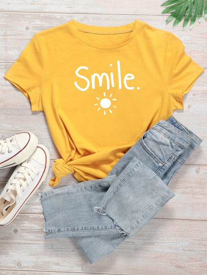 Smile Sunshine Graphic T-Shirt for Women | Positive Quote Motivational Casual Tee