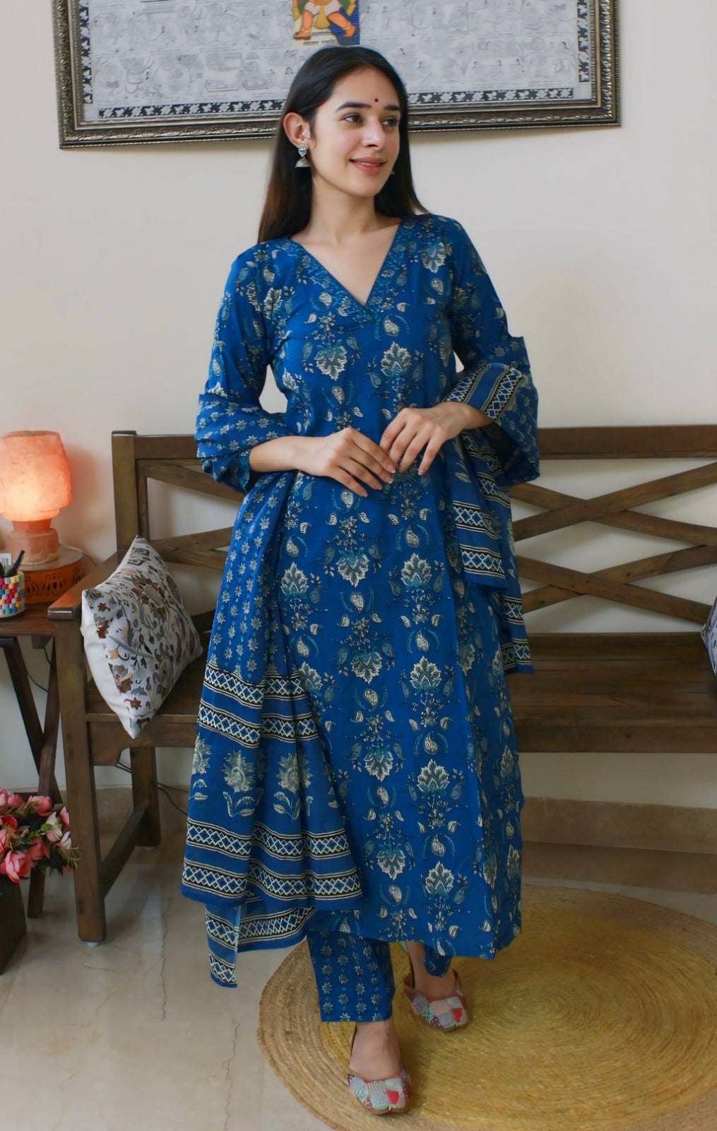 Women’s Blue Printed Kurta Pant Set with Dupatta – Elegant Ethnic Suit