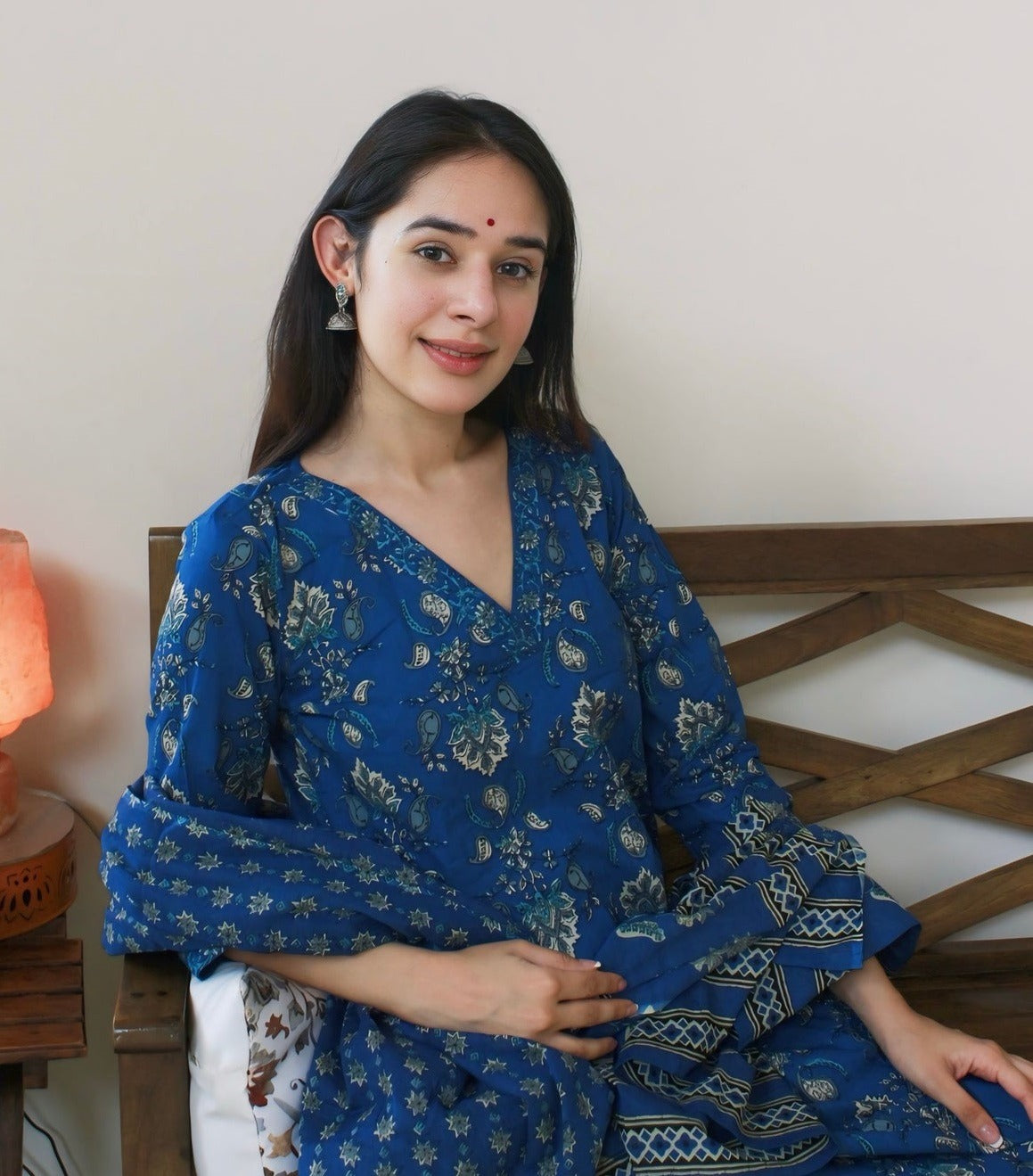 Women’s Blue Printed Kurta Pant Set with Dupatta – Elegant Ethnic Suit