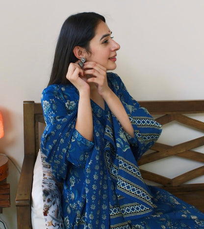 Women’s Blue Printed Kurta Pant Set with Dupatta – Elegant Ethnic Suit
