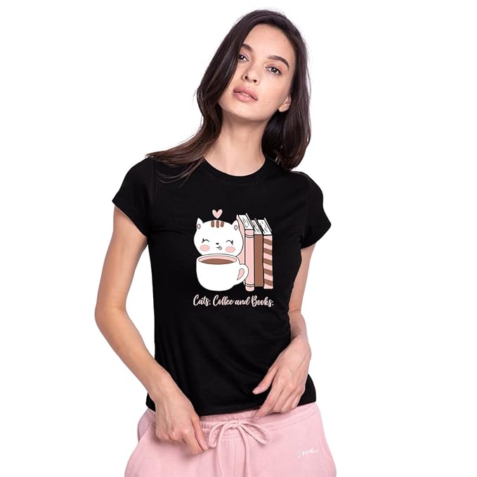 “Cats, Coffee and Books” Cute Graphic Printed Women’s T-Shirt | Relaxed Casual Wear