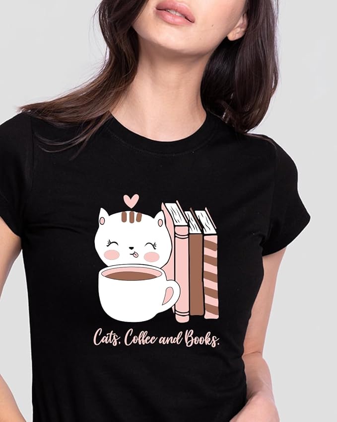“Cats, Coffee and Books” Cute Graphic Printed Women’s T-Shirt | Relaxed Casual Wear