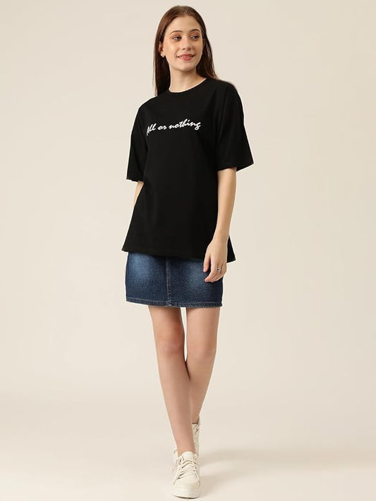 “All or Nothing” Oversized Women’s Black Slogan T-Shirt | Casual Street Style