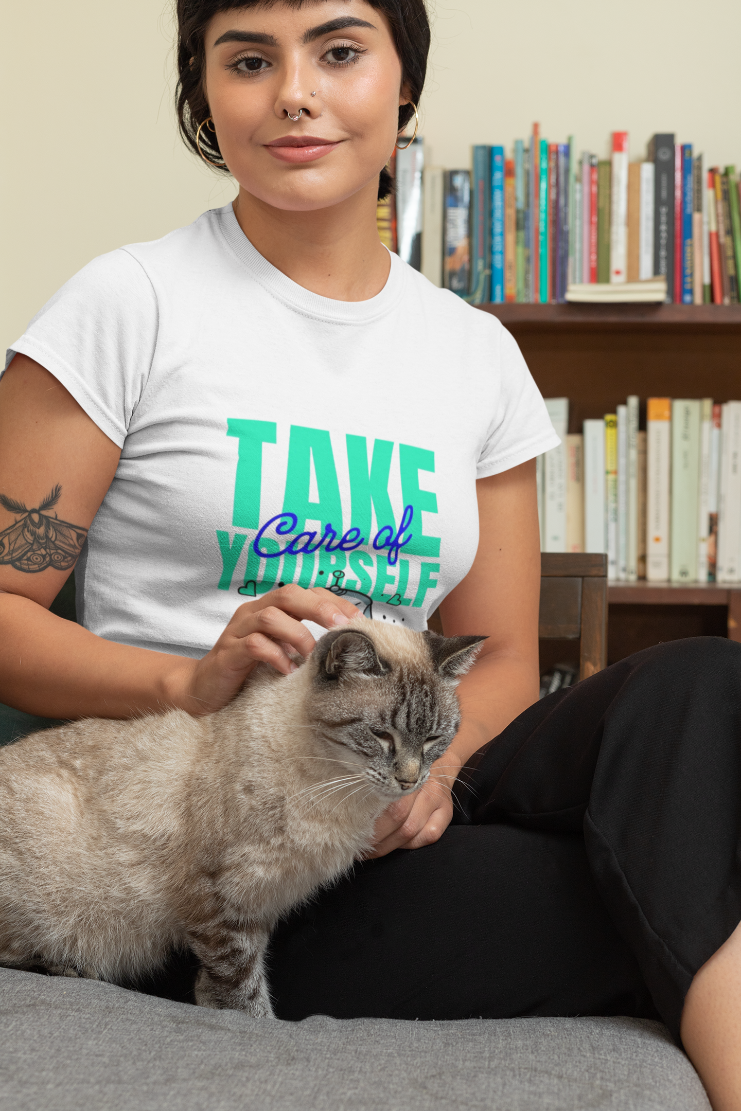 Take Care of Yourself Cute Robot Graphic Black T-Shirt