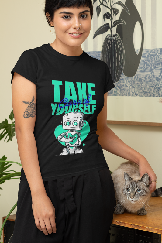 Take Care of Yourself Cute Robot Graphic Black T-Shirt