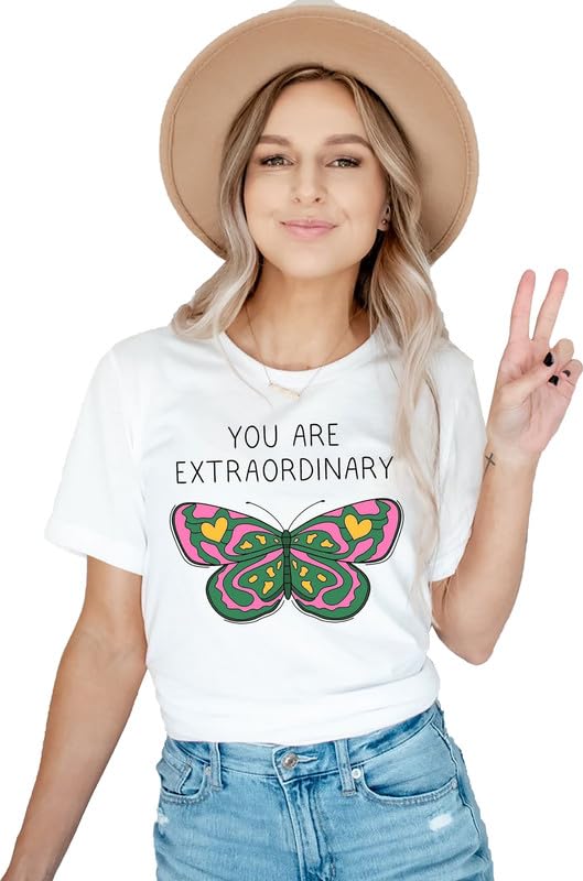 "You Are Extraordinary" Butterfly Graphic White T-Shirt
