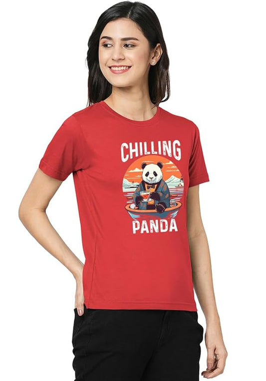 Red “Chilling Panda” Graphic Tee for Women