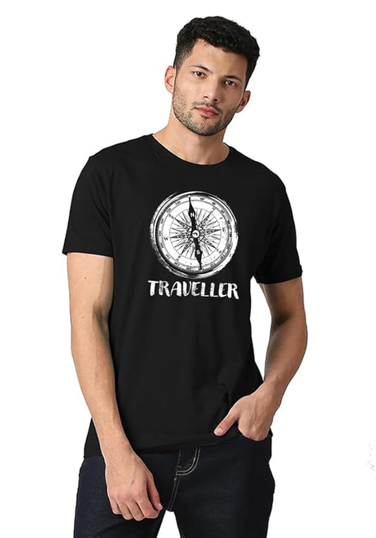 Black “Traveller” Compass Graphic T-Shirt for Men