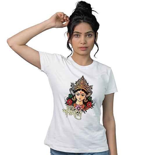 White Durga Face Graphic Tee – Shubho Sharodiya Festival Special