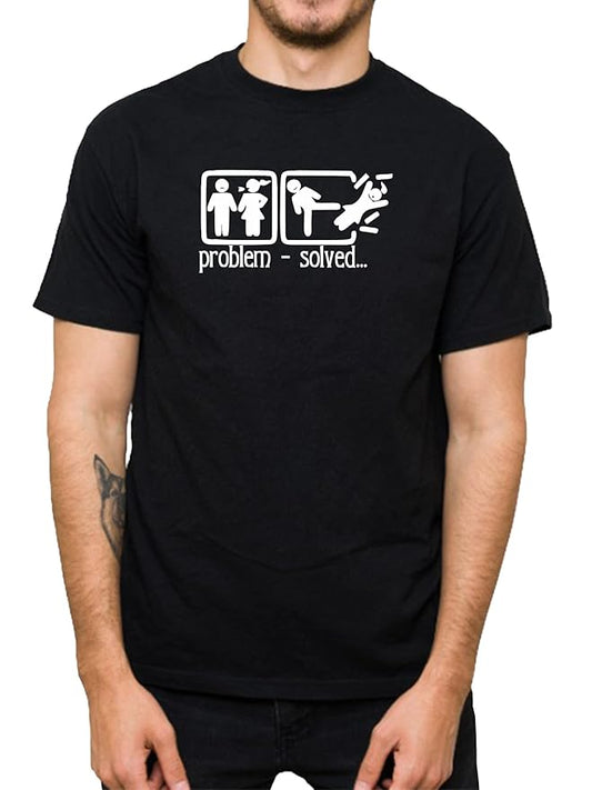 Funny Black T-Shirt with “Problem – Solved” Cartoon Print