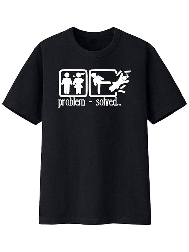 Funny Black T-Shirt with “Problem – Solved” Cartoon Print