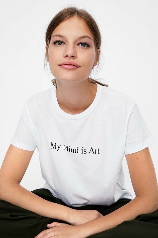 “My Mind is Art” Printed White T-Shirt for Women | Minimal & Aesthetic Tee