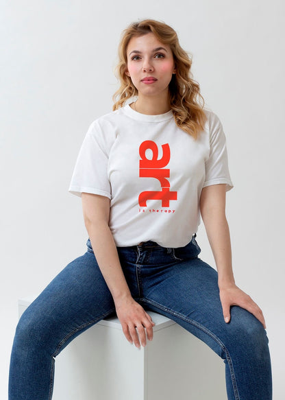 “Art is Therapy” White Graphic T-Shirt for Women | Bold Vertical Red Print