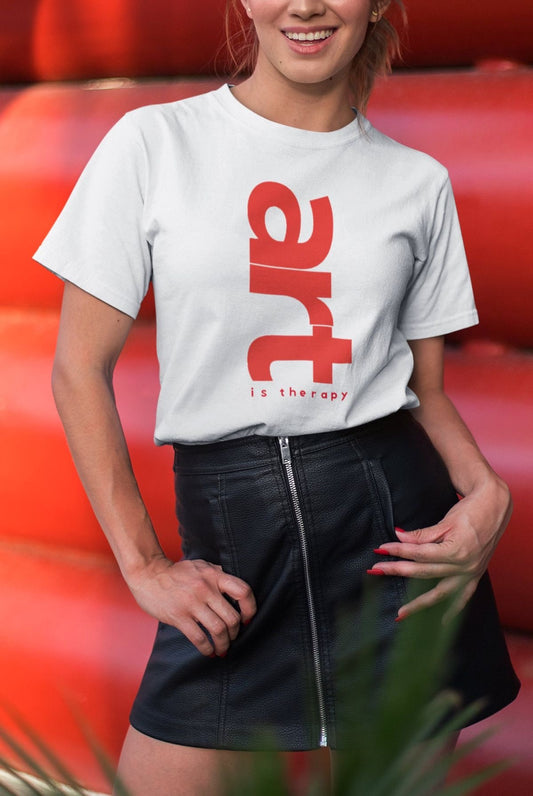 “Art is Therapy” White Graphic T-Shirt for Women | Bold Vertical Red Print