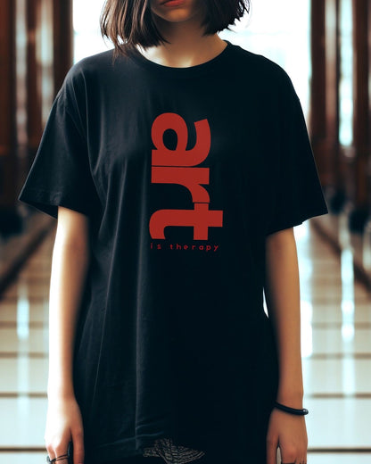 “Art is Therapy” White Graphic T-Shirt for Women | Bold Vertical Red Print