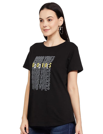 Black “Good Vibes” Repeat Print Cotton T-Shirt