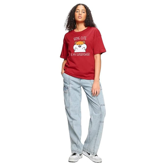 “Being Cute is My Superpower” Red Cartoon Graphic T-Shirt