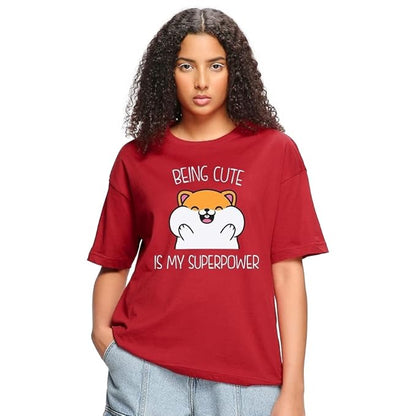 “Being Cute is My Superpower” Red Cartoon Graphic T-Shirt