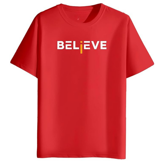 "BELIEVE" Inspirational Graphic T-Shirt – Bold Red Edition