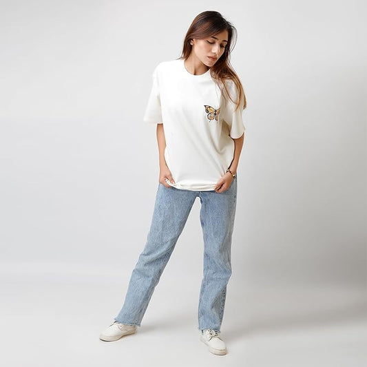 Women's Oversized White T-Shirt – Butterfly Chest Print