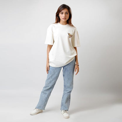Women's Oversized White T-Shirt – Butterfly Chest Print