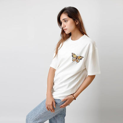 Women's Oversized White T-Shirt – Butterfly Chest Print