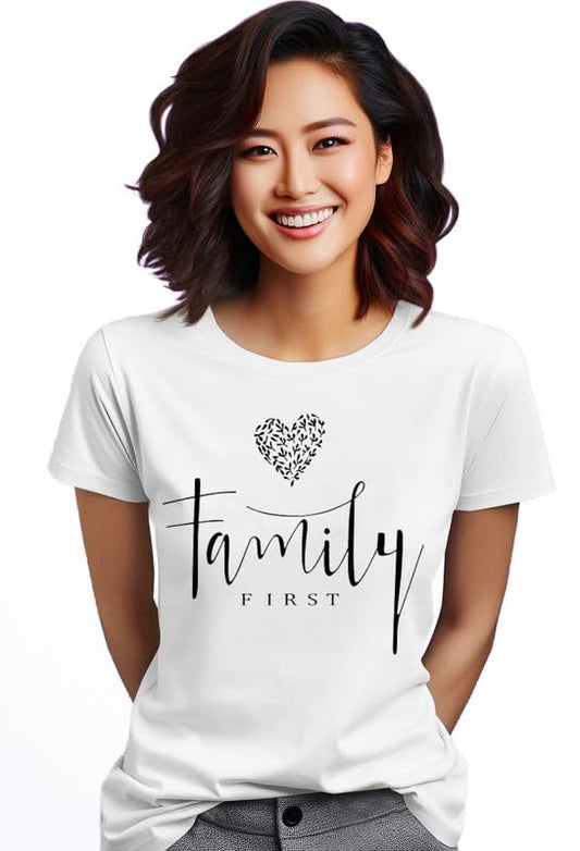 White Cotton T-Shirt – "Family First" with Heart Design