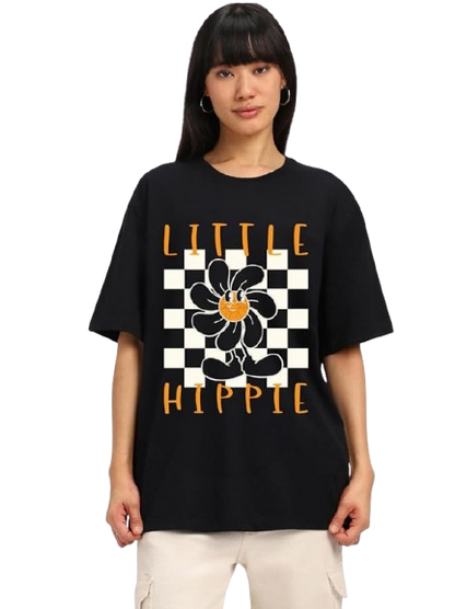 Little Hippie Graphic Print Oversized Women’s T-Shirt – Boho Cotton Streetwear Tee