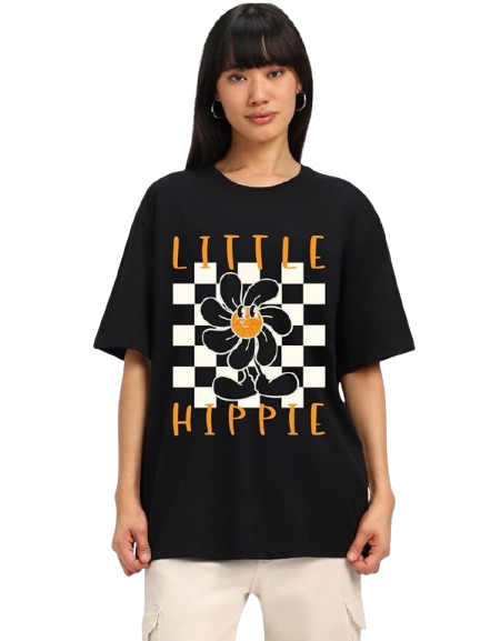 Little Hippie Graphic Print Oversized Women’s T-Shirt – Boho Cotton Streetwear Tee