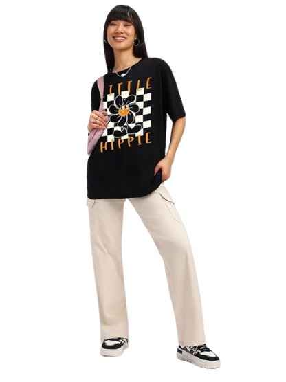 Little Hippie Graphic Print Oversized Women’s T-Shirt – Boho Cotton Streetwear Tee