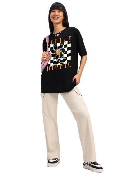 Little Hippie Graphic Print Oversized Women’s T-Shirt – Boho Cotton Streetwear Tee