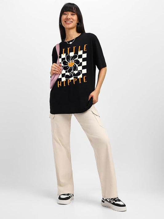 Black Oversized T-Shirt – "Little Hippie" Retro Flower Print